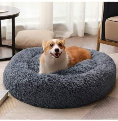 Original Calming Donut Dog and Cat Bed in Shag Fur, Dog Beds for Melium Dogs, Anti Anxiety Round Fluffy Plush Faux Fur Pet Bed (Dark Grey, XX-Large)