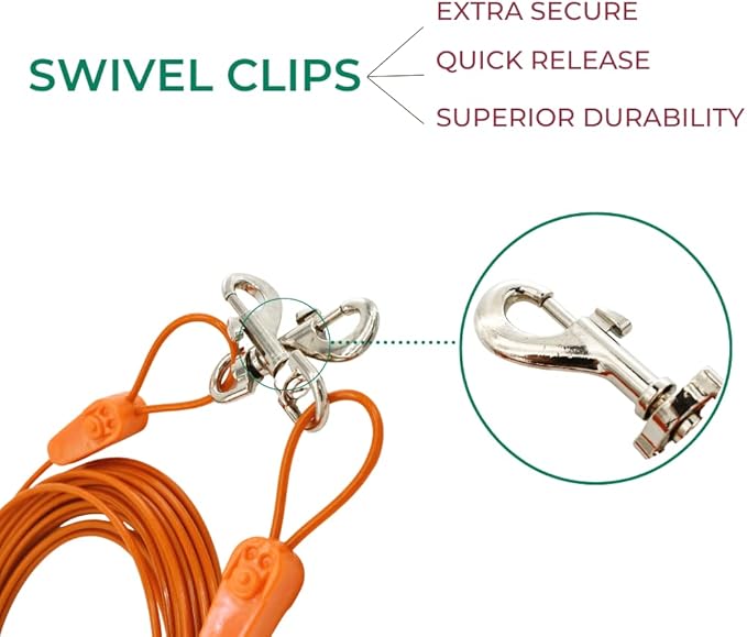 40ft Tie-Out Cables for Dogs - Strong, Safe, and Durable Dog Tie-Outs for Small Dogs up to 90 Pounds - Weather and Wear Resistant Galvanized Aircraft Cable for Outside Use