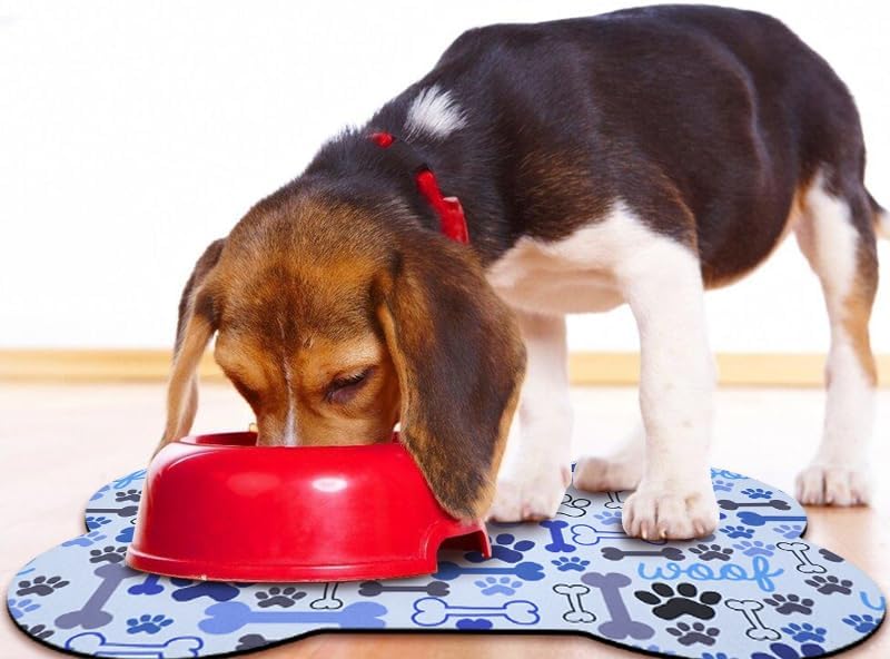 Dog Food Mats for Floors Waterproof, Pet Feeding Absorbent Water Bowl Mat Cat Placemats Blue Bone Shape 23.6 * 15.7 inch