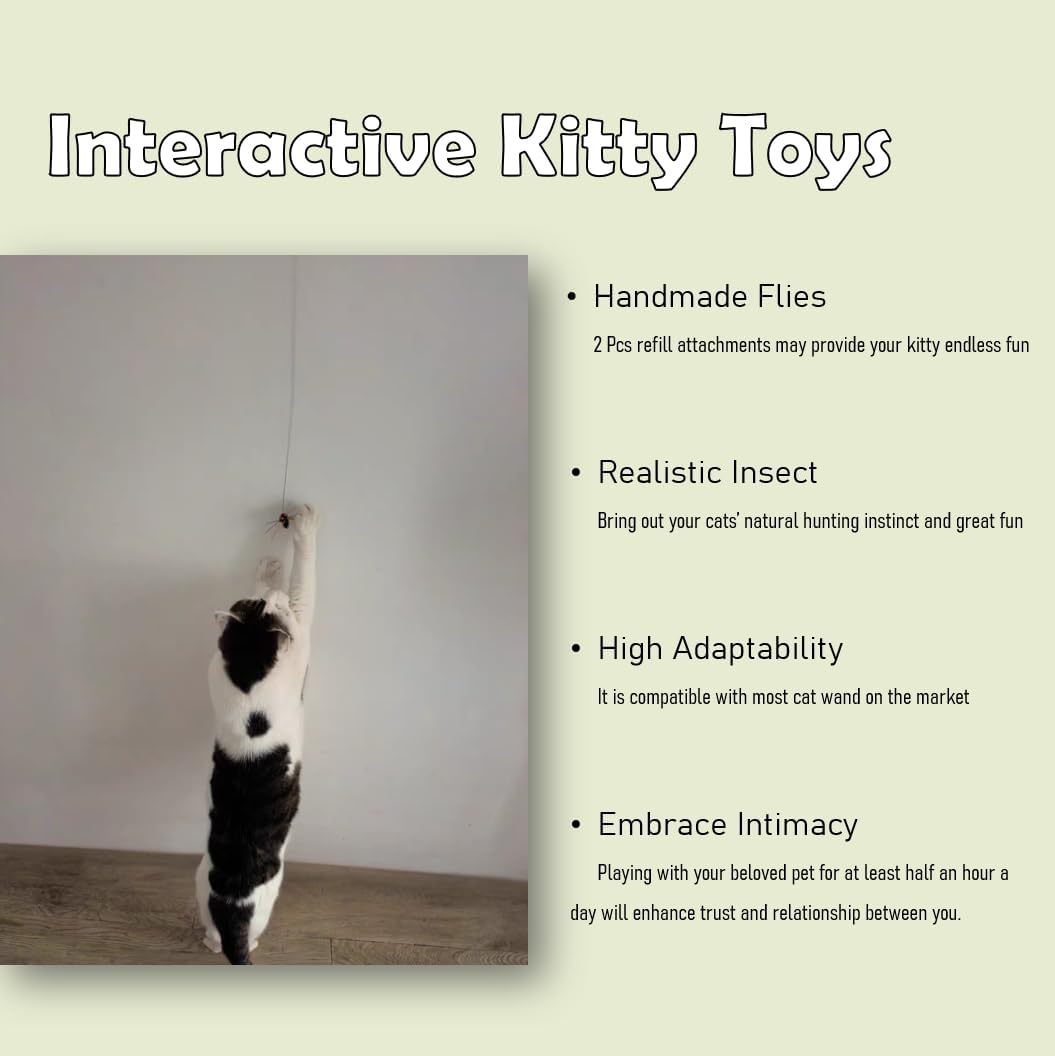 Cat Insect Feather Toys Replacement - 2 Pcs Handmade Natural Flies - Cat Toy Wand Refills - Interactive Kitten Teaser Wand Attachments - Cat Toys for Indoor Cats Play