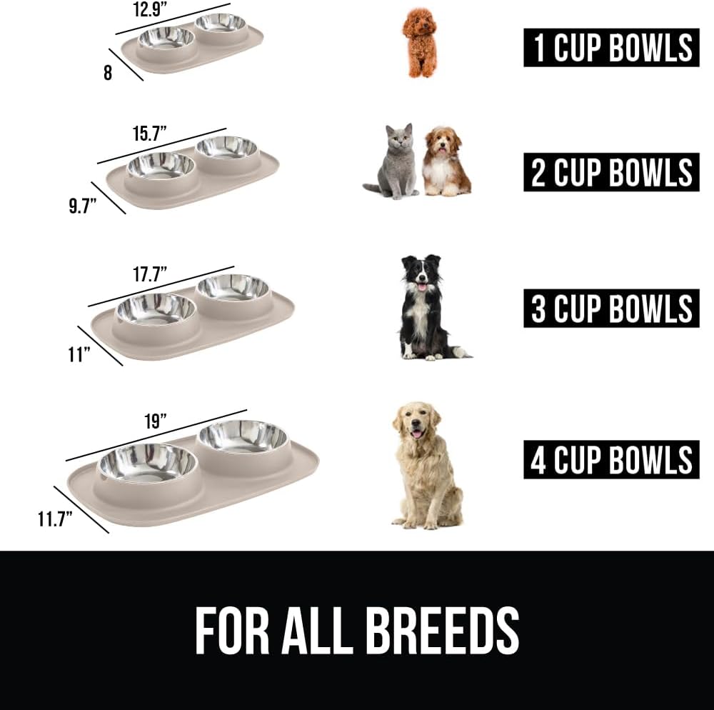 GORILLA GRIP Feeding Mat Set, 3 Cup, Patent Pending 100% Waterproof BPA Free Silicone, Stainless Steel Cat and Dog Bowls, Slip Resistant, High Edges Catch Water Food, US Designed Pet Accessories Beige