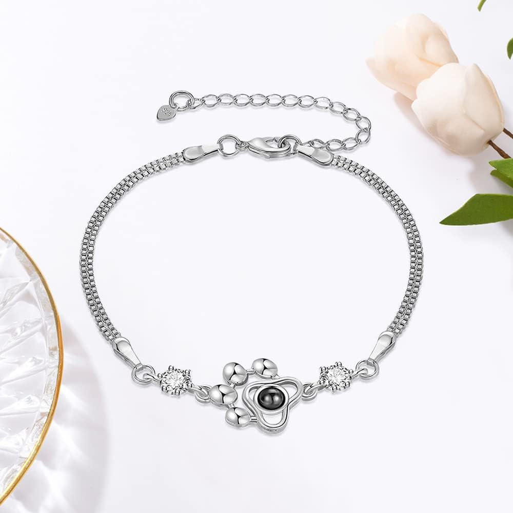 OPALSTOCK Personalized Pet Photo Necklace, Custom Photo Charm Projection Necklace Dog Cat Paw Pendant Pet Memorial Jewelry