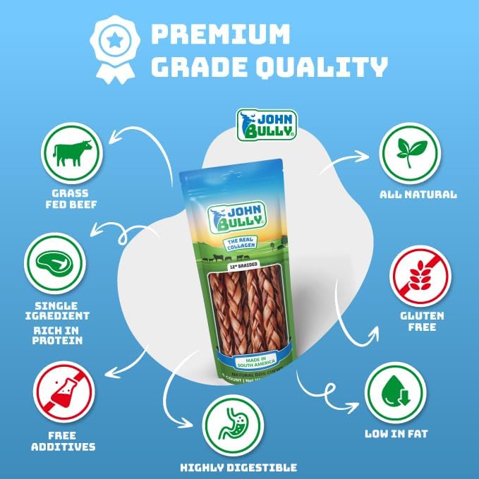 john bully Collagen Braided 12" 6PK, The Best Option for Your Dog, 100% Natural, Rich in Protein, Highly Digestible, Gluten Free,Premium Grade Quality,Odor Free The Real Collagen