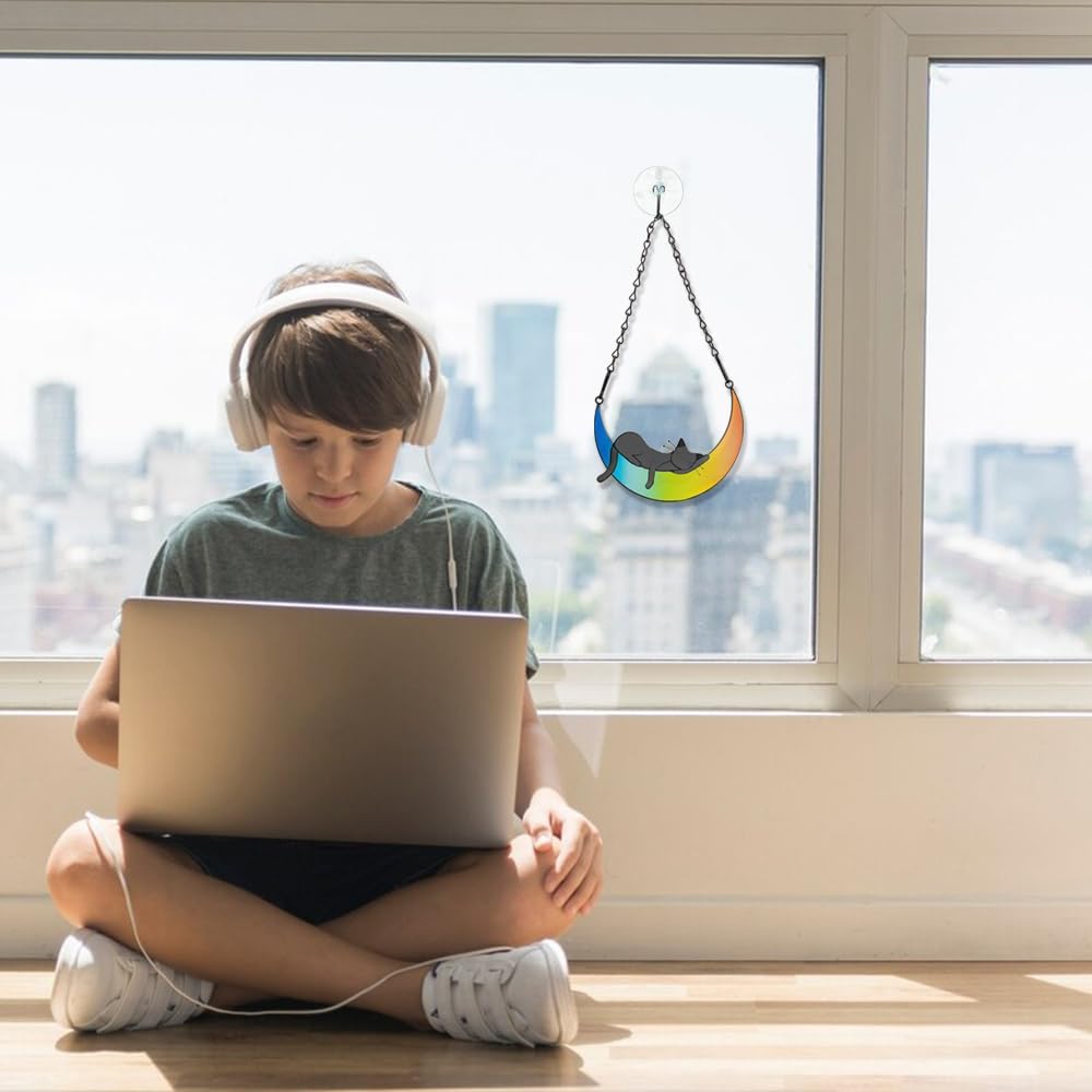 callie Cat Memorial Gifts for Loss of Cats, Pet Memorial Suncatcher Decor for Windows Hanging, Sympathy Bereavement Gift for Cat Lovers (Rainbow Lying)