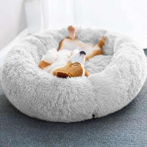 Original Calming Donut Dog and Cat Bed in Shag Fur, Dog Beds for Melium Dogs, Anti Anxiety Round Fluffy Plush Faux Fur Pet Bed, Light Grey, 27.6x27.6