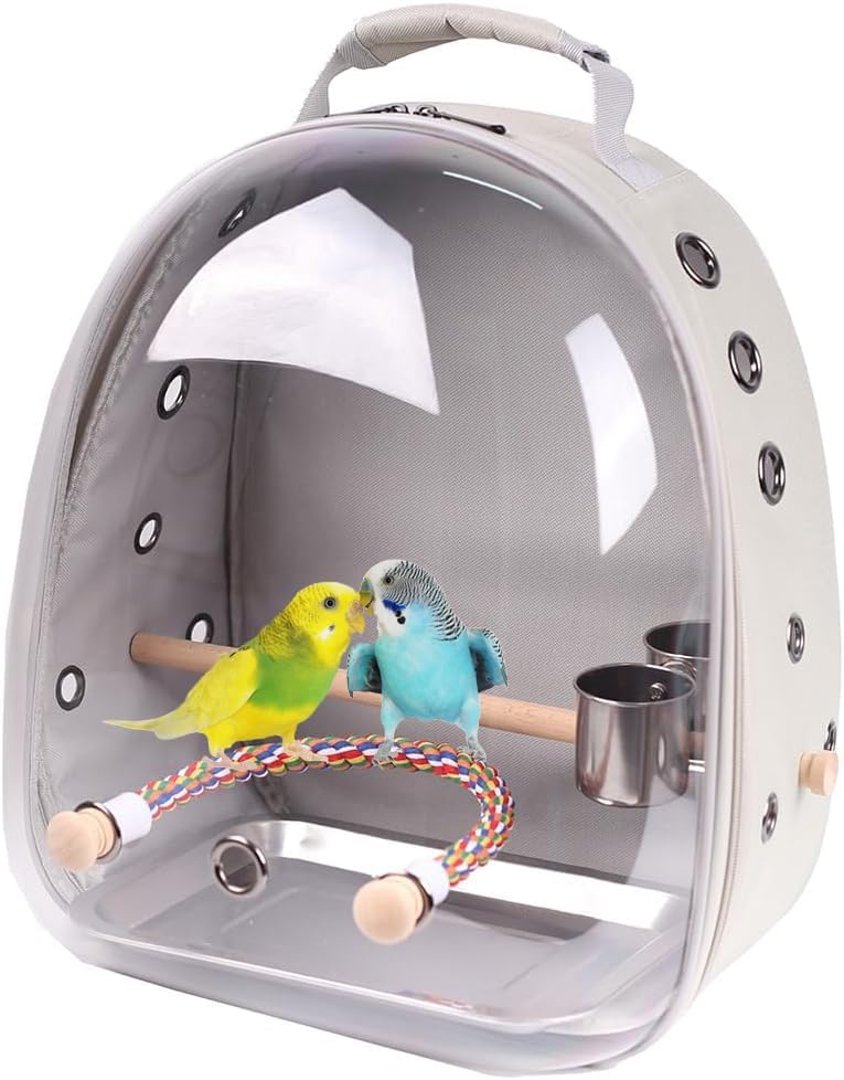 Bird Traval Carrier Cage, Multi Vent Holes Clear Space Capsule Astronaut Backpack to Carry Parakeet Cockatiel Parrot with Metal Tray Wood Perch, Vet Transport Book Bag