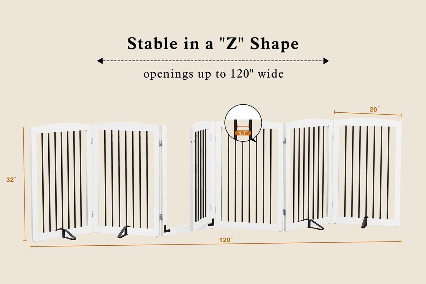 Freestanding Pet Gate with Door, Tall Dog Gate for House, Extra Wide, Pet Puppy Safety Fence, Support Feet Included, 120 Inch Wide, 6 Panels 32" Tall, White & Black