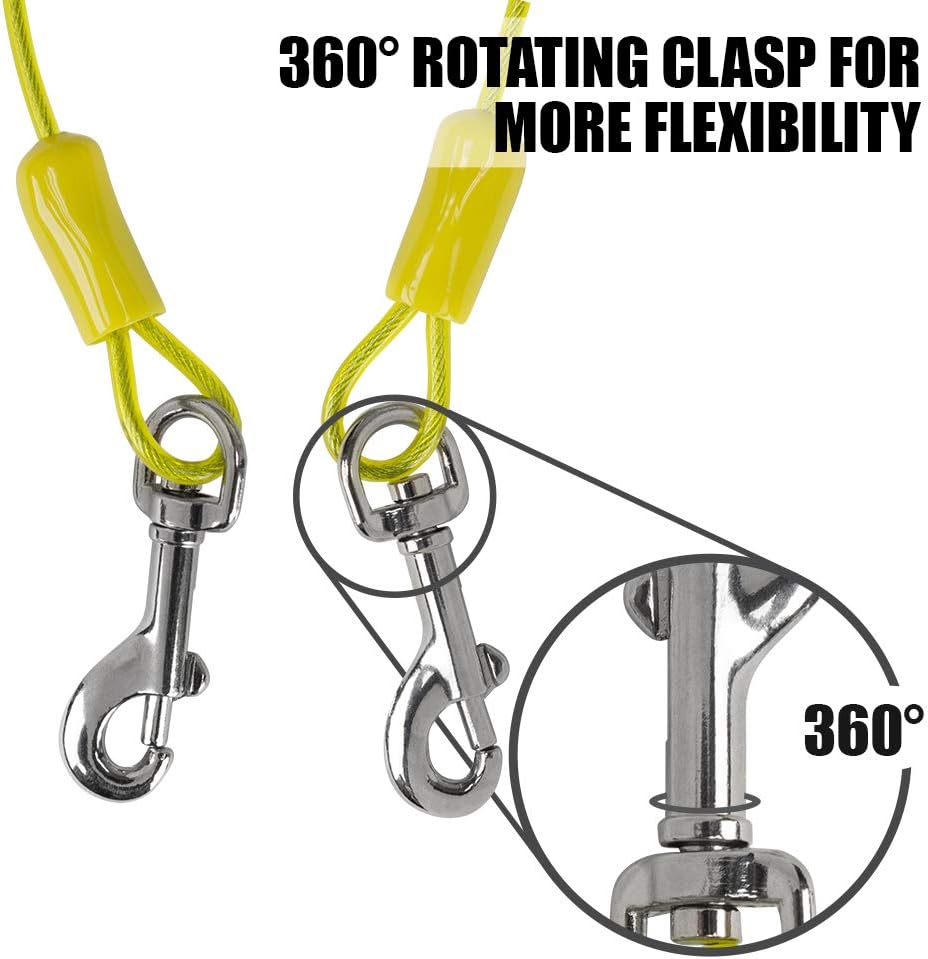 BV Dog Tie Out Cable 15 Feet - Heavy Duty Dog Lead Up to 35 Pounds - Reflective & Rust-Free with Quick Release Swivel Clips & 360° Rotating Clasp - Tangle-Free Dogs Runner for Yard (Yellow, Single)