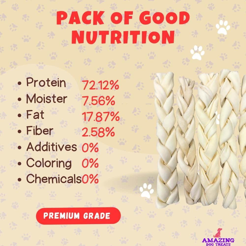 Amazing Dog Treats - Beef Cheek Braids Dog Chew (6 Inch - 50 Count) - NO Odor - Rawhide Alternative - Beef Cheek Slice Chip Sticks - No Dyes, Chemicals, or Preservatives