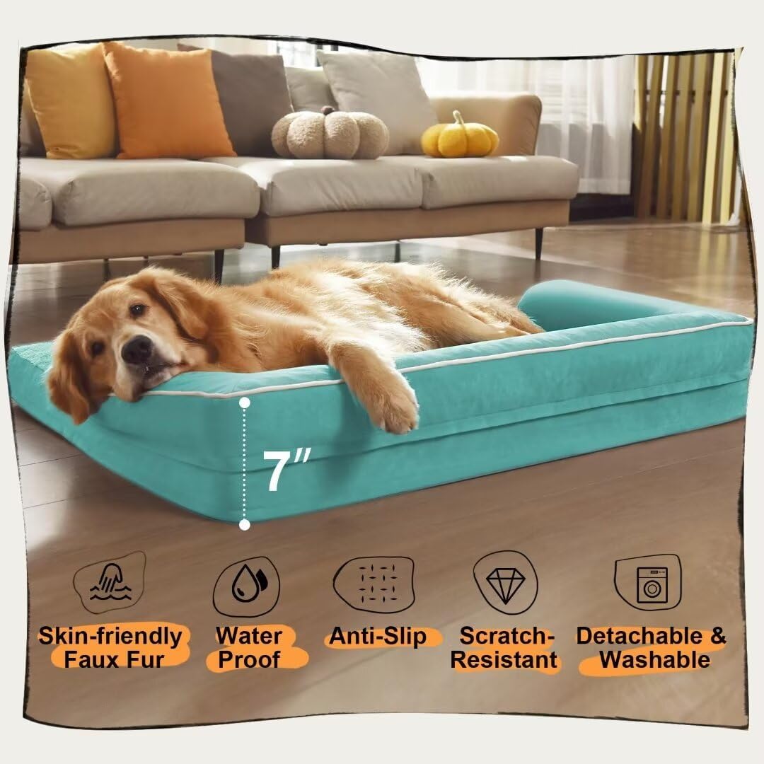 Orthopedic Washable Large Dog Bed, Dog Beds with Removable Cover, Large X XL Pet with Bolster, Washable Aqua Blue Sofa with Orthopedic Egg Foam for Medium Large Dogs
