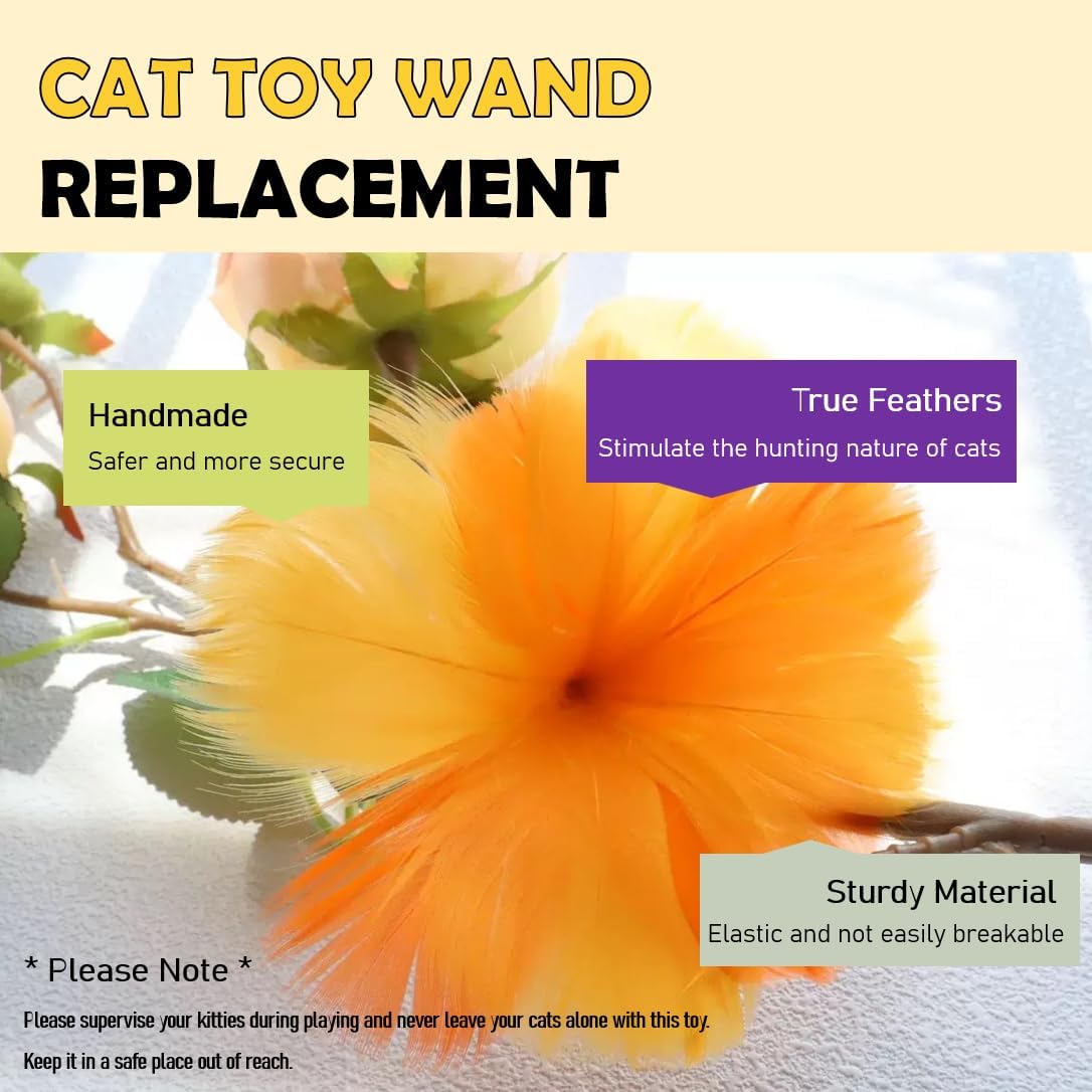 Cat Feather Toys Replacement - 2 Pcs Handmade Natural Flowers - Cat Toy Wand Refills - Interactive Kitten Teaser Wand Attachments - Cat Toys for Indoor Cats Play