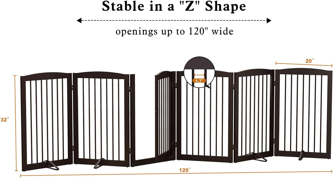 Freestanding Pet Gate with Door, Tall Dog Gate for House, Extra Wide, Pet Puppy Safety Fence, Support Feet Included, 120 Inch Wide, 6 Panels 32" Tall, Brown