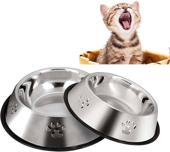 YUDANSI 2 Stainless Steel Dog Bowls, Puppy Cat Feeding Bowls, Shallow Cat Dish with Rubber Base, Mini and Small Pet Feeder Food Water Plate (XS-6oz)