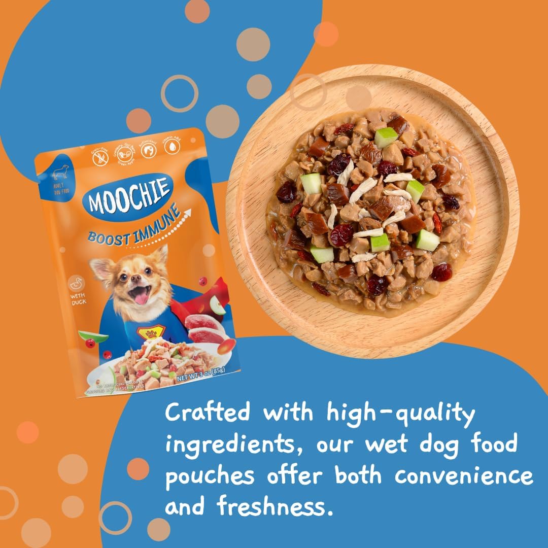 MOOCHIE Grain Free Small Dogs Wet Dog Food - Boost Immune - Duck, Cranberry & Goji Berry - No Artificial Flavors or Preservative - 12 x 3 oz Pouch
