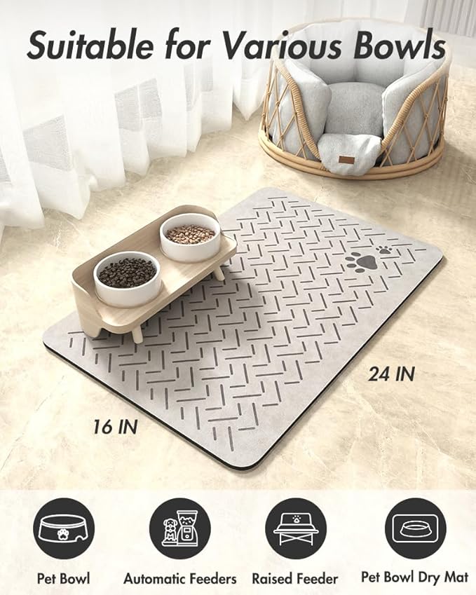 MontVoo-Absorbent Pet Feeding Mat-No Stains Quick Dry Dog Mat for Food and Water Bowl-Rubber Backing Dispenser Mat Accessories Supplies-Dog Bowl Messy Drinkers,Light Grey