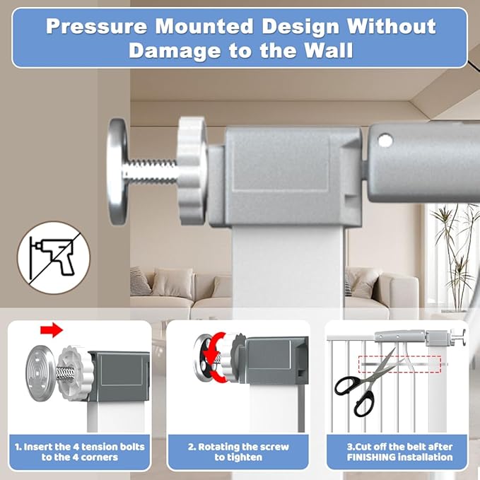 40.55" Extra Tall Baby Gate for Stairs-65.8"-71.2" Wide 1.37" Ultra Narrow Spacing Extra Wide Pet Cat Gate Dog Gate-Auto-Close Pressure Mounted Dog Door for Pets and Kids,White
