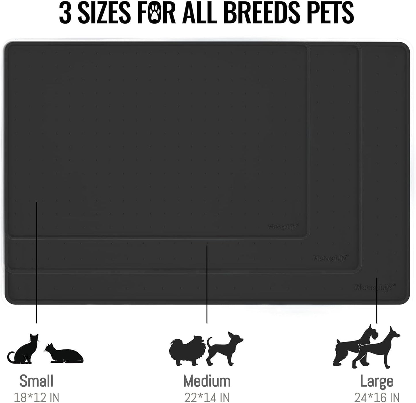 MateeyLife Dog & Cat Food Mat for Floors Waterproof, Nonslip Pet Feeding Mats with Raised Edges, Silicone Matt Tray for Messy Drinkers, 22"x14", Black