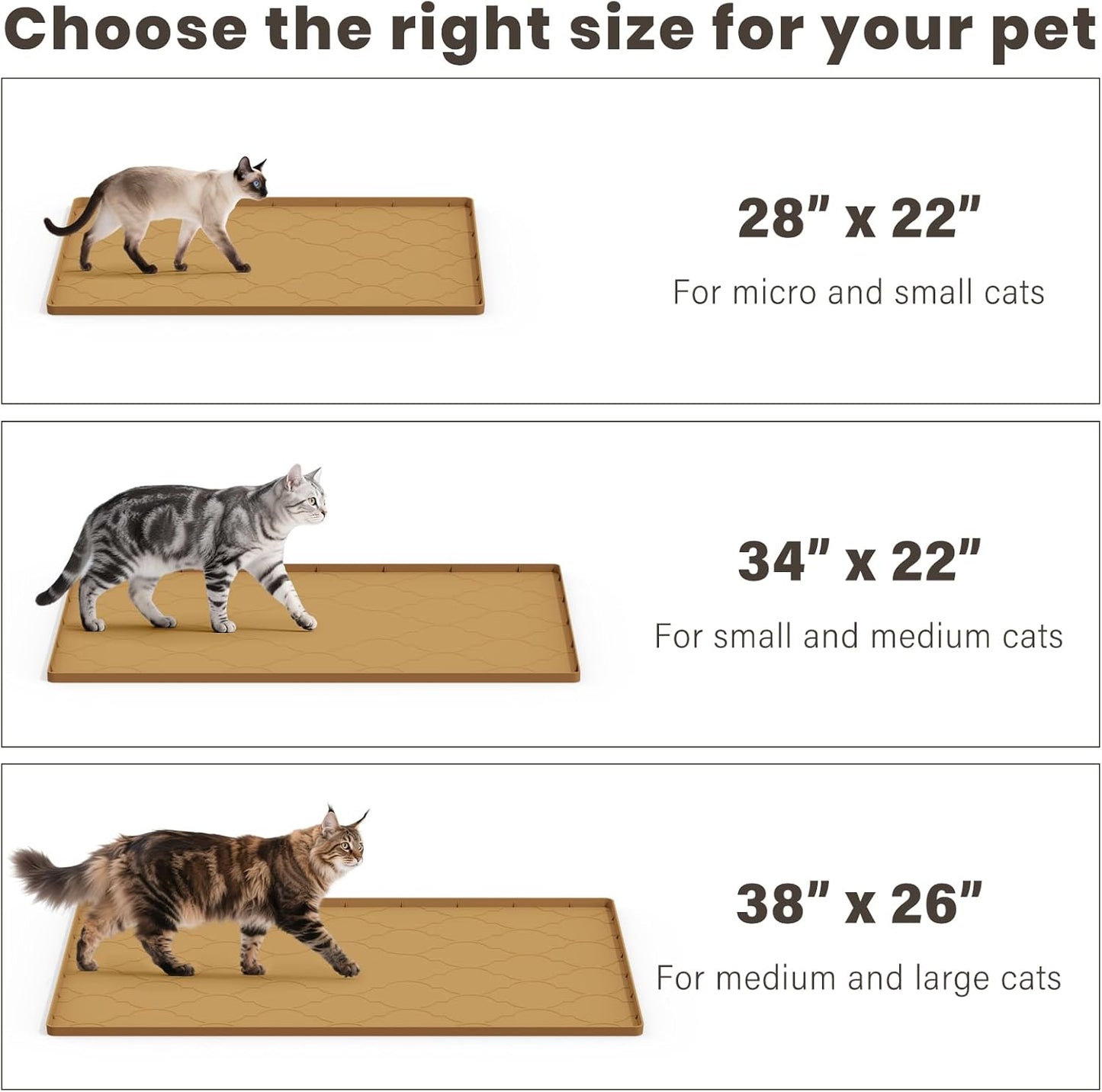 Cat Mat for Litter Box, 34" X 22" Large Silicone Cat Litter Trapping Mat, Easy Clean for Scatter Control, Soft on Kitty Paws, Waterproof, Urine-Proof, Non-Slip Kitty Litter Mat for Floor, Brown