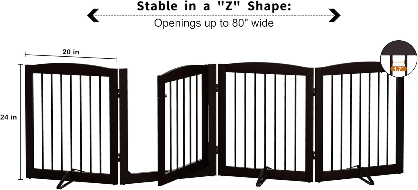 Freestanding Dog Gate with Door, Pet Gate for Stairs, 80 inch Wide Pet Barrier Indoor, Dog Fences Indoor, Support Feet Included, 4 Panels, 24" Tall, Dark Brown