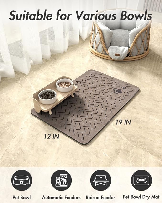 MontVoo-Absorbent Pet Feeding Mat-No Stains Quick Dry Dog Mat for Food and Water Bowl-Rubber Backing Dispenser Mat Accessories Supplies-Dog Bowl Messy Drinkers,Brown