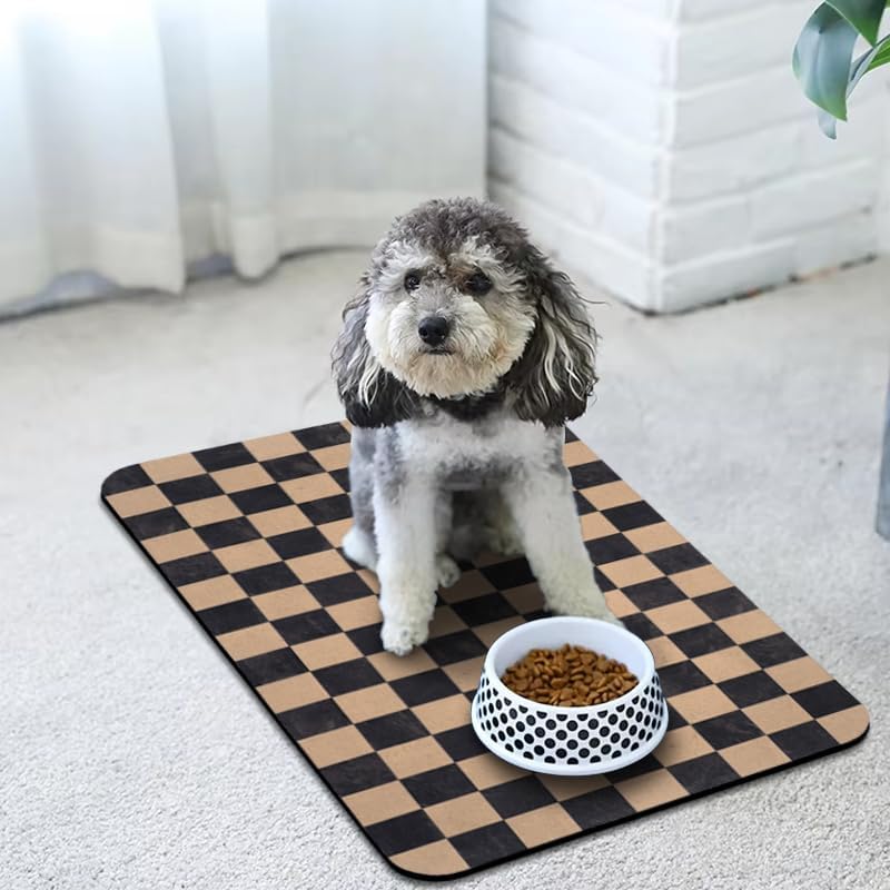 Dog Food Mats for Floors Waterproof, Pet Water Bowl Mats Pet Feeding Absorbent Placemats Plaid 16 * 24 inch