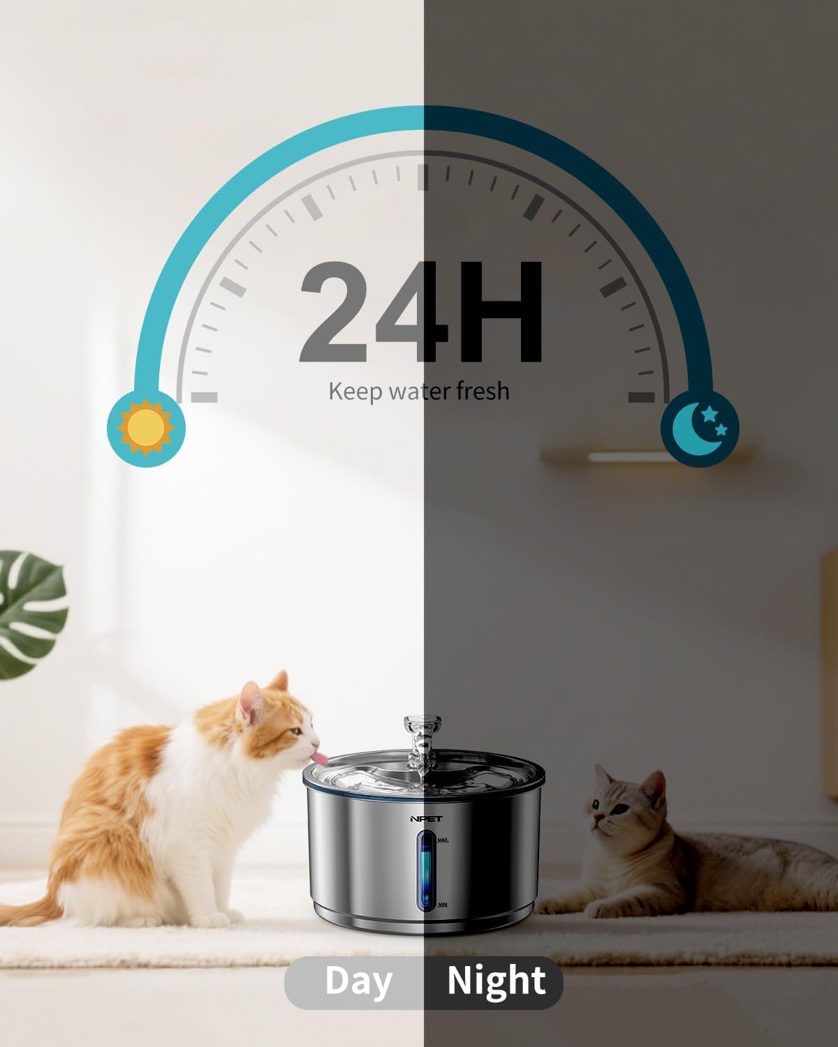 NPET Stainless Steel Cat Water Fountain, 1Gallon/135oz Automatic Pet Drinking Fountain Dog Water Dispenser Bowl with Water Level Window for Cats Indoor - WF210Plus