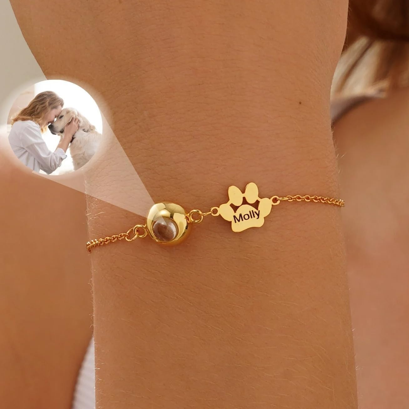 Personalized Pet Name Bracelet Dog/Cat Paw Bracelet Animal Friendly Jewelry Custom Pet Lover Gift Photo Projection Bracelet for Women Mom