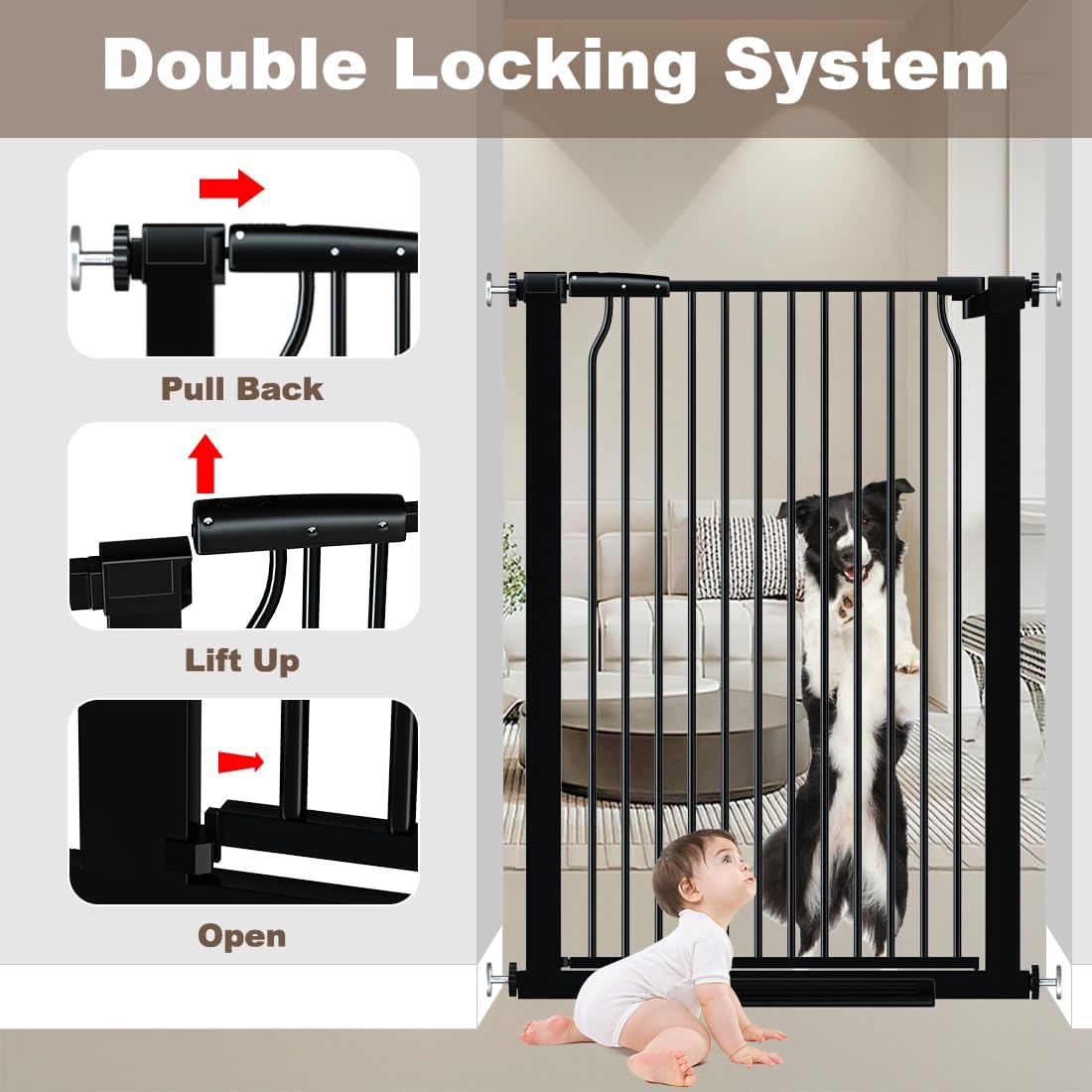 41" Extra Tall and Wide Pet Gate, 71.3-76.7 in Baby Gates with Door for Doorways Hallways, Walk Thru Large Dog Gate Indoor, Auto Close Long Child Safety Gates for Kids Puppy Doggie, Black