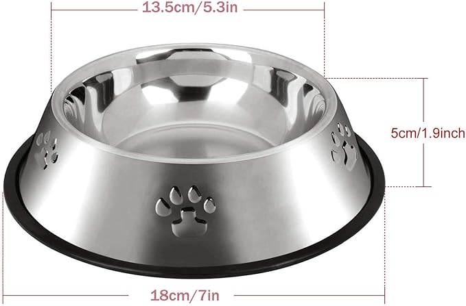 YUDANSI 2 Stainless Steel Dog Bowls, Puppy Kitten Feeding Bowls, Shallow Cat Dish with Rubber Base, Mini and Small Pet Feeder Food Water Plate (S-11oz)