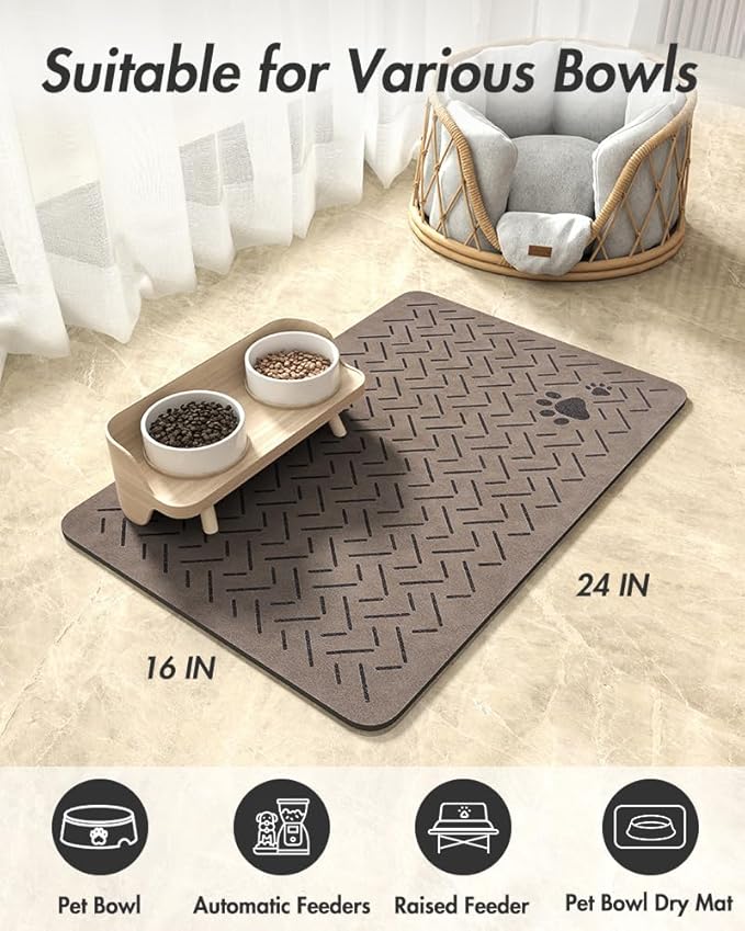 MontVoo-Absorbent Pet Feeding Mat-No Stains Quick Dry Dog Mat for Food and Water Bowl-Rubber Backing Dispenser Mat Accessories Supplies-Dog Bowl Messy Drinkers,Brown
