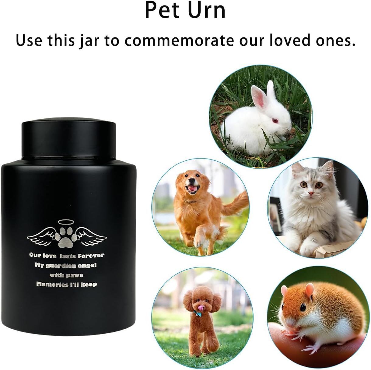 Pet Urn for Dogs or Cats Medium Size Black Metal Cremation Urn for Ashes, 3.85"x5.9" Elegant Memorial Keepsake for Pets up to 80 lbs Secure Screw-Top Lid – Personalized Tribute Design
