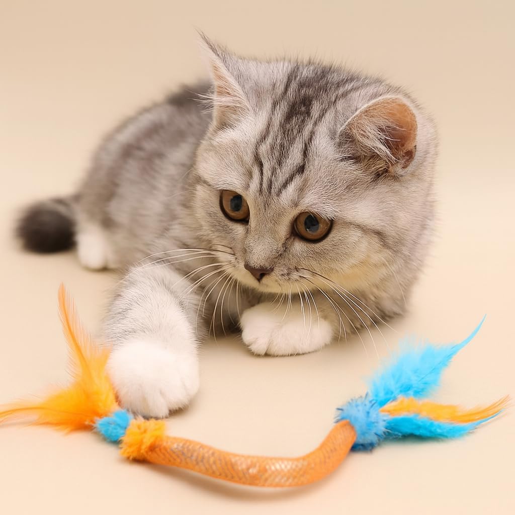 Cat Toys for Indoor Cats – 2 Pack Feather Toys with Pom-Pom & Bells, 19.5 Inch Teething Cat Toys Bundle for Chew, Cat Spiral Spring, Kitten Teething Toys