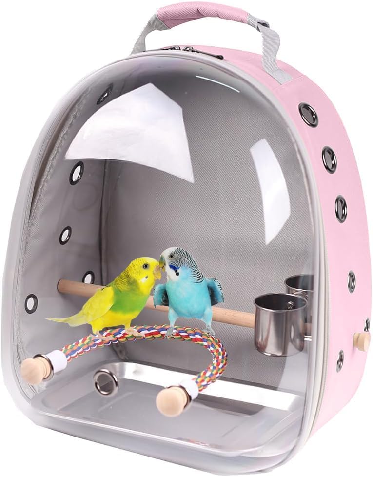 Bird Travel Backpack Carrier, Clear Bubble Window Transport Backpack for Birds, Space Capsule Astronaut Liked Vet Carry Book Bag for Parakeet Parrot (Pink, Multi Vents)