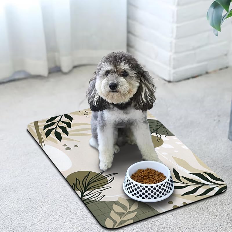 Dog Food Mats for Floors Waterproof, Dog Cat Water Bowl Mats Pet Feeding Absorbent Mat Dog Cat Pet Placemats for Food and Water Bohemia Tropical Leaves 16 * 24 inch