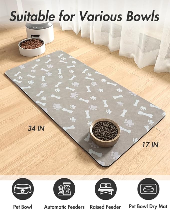 MontVoo Dog Food Mat-Pet Feeding Mat for Food and Water-No Stains Quick Dry Dispenser Cat Bowl Mat for Messy Drinkers(17"x34" Grey)