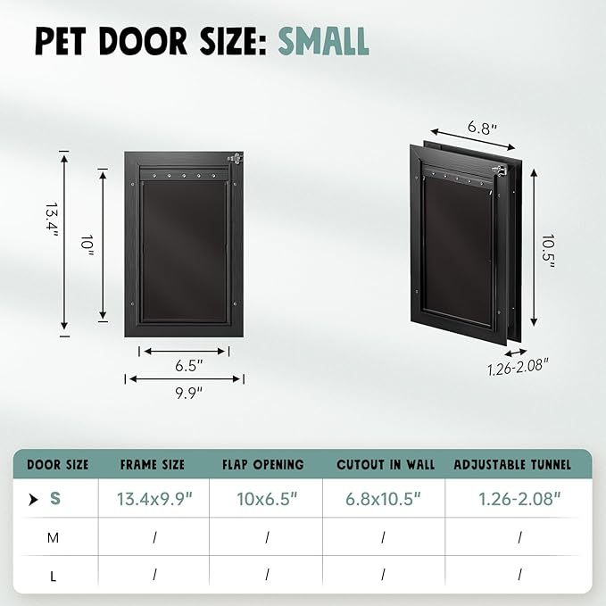 All Aluminum Cat Door Interior Door Black 3 Flaps, For Exterior door Small Cat Dog Doggy Doggie Door, Heavy Duty Pet Door, Insulation Flap, Telescoping Tunnel, Sliding Closing Panel (Pets Up to 22lbs)
