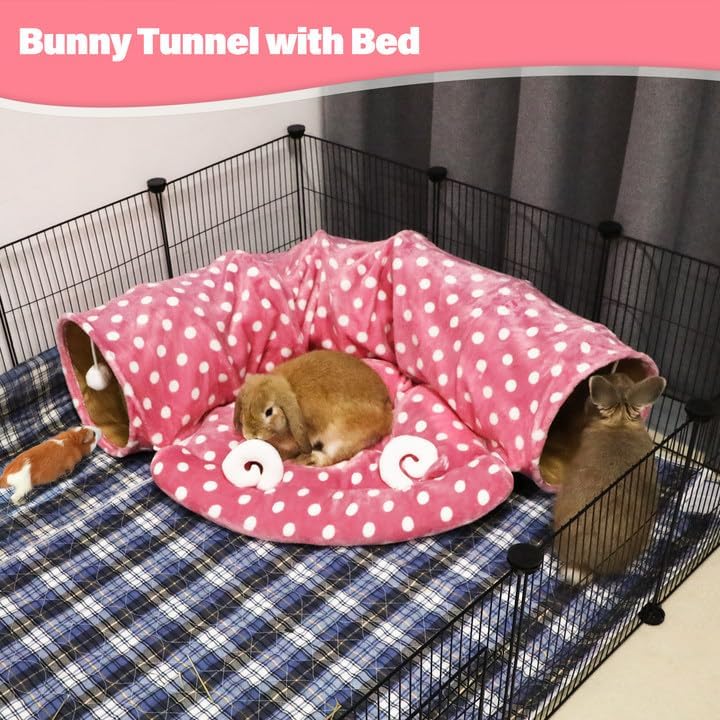 BWOGUE Bunny Tunnel Bed, 2-in-1 Collapsible Tunnel Tubes Toys with Removable Mat Hideout for Cats Kittens Rabbits Guinea Pigs Kitty