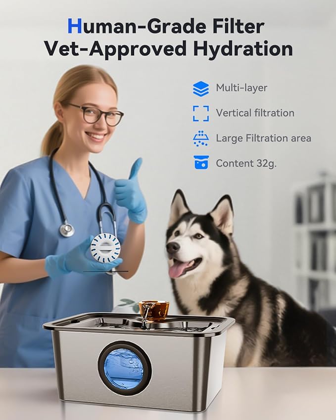 Dog Water Fountain for Large Dogs Stainless Steel 3 Gallon Big Pet Drinking Fountain with Filter, Electric Cat Watering Dispenser with Large-Filtration Area & Deeper Drinking Super Quiet
