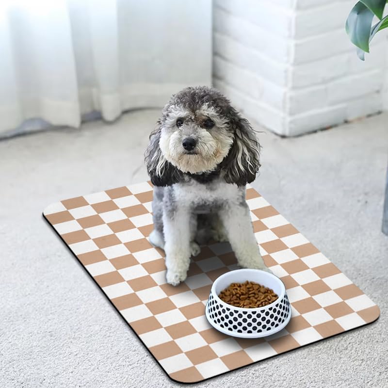 Dog Food Mats for Floors Waterproof, Pet Water Bowl Mats Pet Feeding Absorbent Placemats Plaid 16 * 24 inch