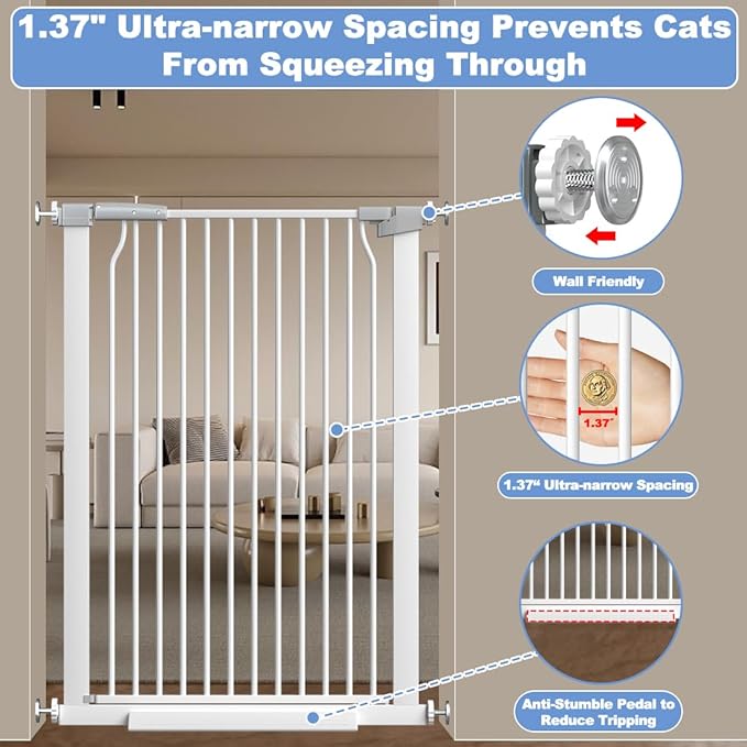 40.55" Extra Tall Baby Gate for Stairs-29.6"-40.5" Wide 1.37" Ultra Narrow Spacing Extra Wide Pet Cat Gate Dog Gate-Auto-Close Pressure Mounted Dog Door for Pets and Kids,White
