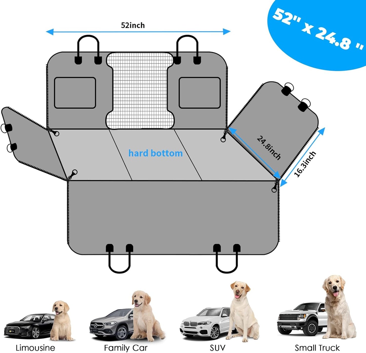 URPOWER Back Seat Extender for Dogs - Hard Bottom Dog Car Seat Cover Holds 400 lbs, Waterproof Dog Hammock Dogs Bed for Cars, SUVs & Small Trucks, Pet Backseat Protector with Mesh Window & Large Space