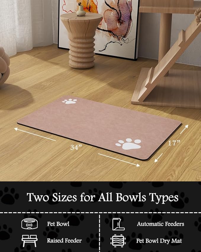 Pet Feeding Mat-Absorbent Dog Mat for Food and Water Bowl-No Stains Quick Dry Water Dispenser Mat-Dog Accessories Pet Supplies-Bowl for Messy Drinkers(Dusty Pink,17"x34"