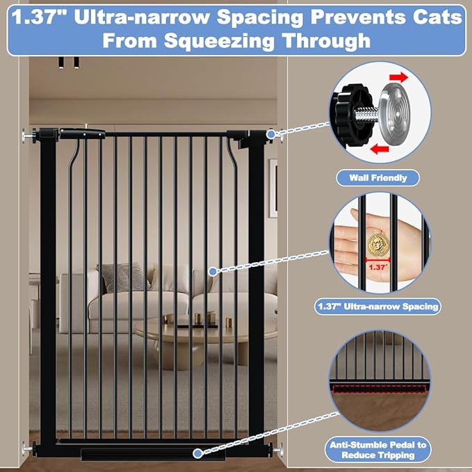 40.55" Extra Tall Baby Gate for Stairs-60.3"-65.7" Wide 1.37" Ultra Narrow Spacing Extra Wide Pet Cat Gate Dog Gate-Auto-Close Pressure Mounted Dog Door for Pets and Kids,Black