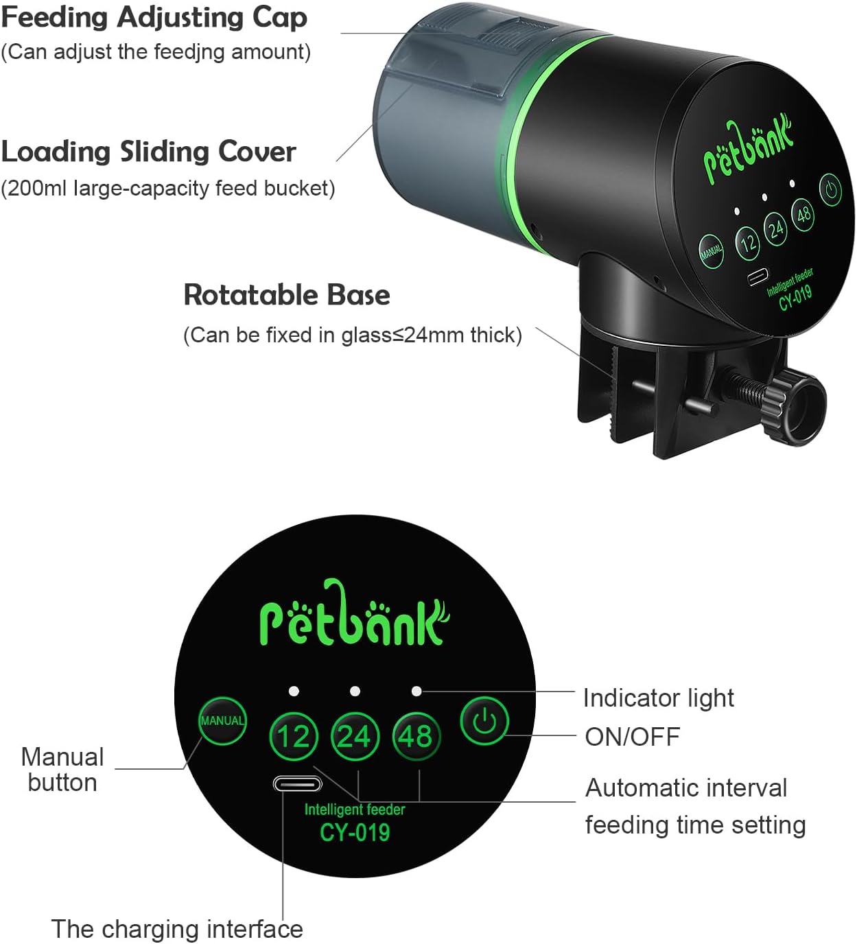 Automatic Fish Feeder for Aquarium - Auto Fish Food Dispenser Rechargeable for Small Large Tank with USB Charger Cable,12/24/48H Interval Esay Set Up (Black, CY-019)