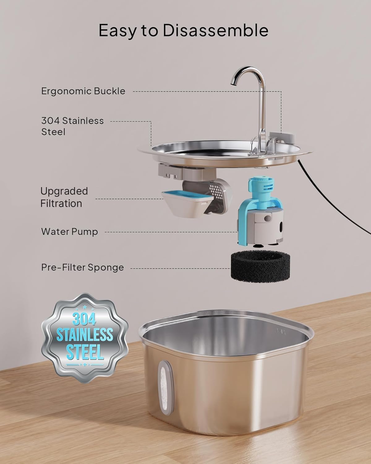 Stainless Steel Cat Water Fountain, 3.2L/108oz Cat Water Dispenser with Ultra-Quiet Water Pump and Water-Level Window, Dishwasher Safe Pet Drinking Fountain for Cats & Small Dogs