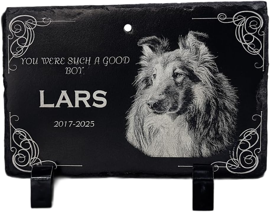 lemuria Outdoor Pet Memorial Plaque with Garden Stake Dog Grave Marker or Cat Headstone Personalized Slate Memorial Stone for Pets Weatherproof Rainbow Bridge for Yard or Cemetery (6x4 inches)