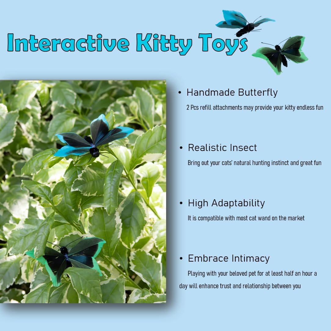 Cat Insect Feather Toys Replacement - 2 Pcs Handmade Natural Butterfly - Cat Toy Wand Refills - Interactive Kitten Teaser Wand Attachments - Cat Toys for Indoor Cats Play