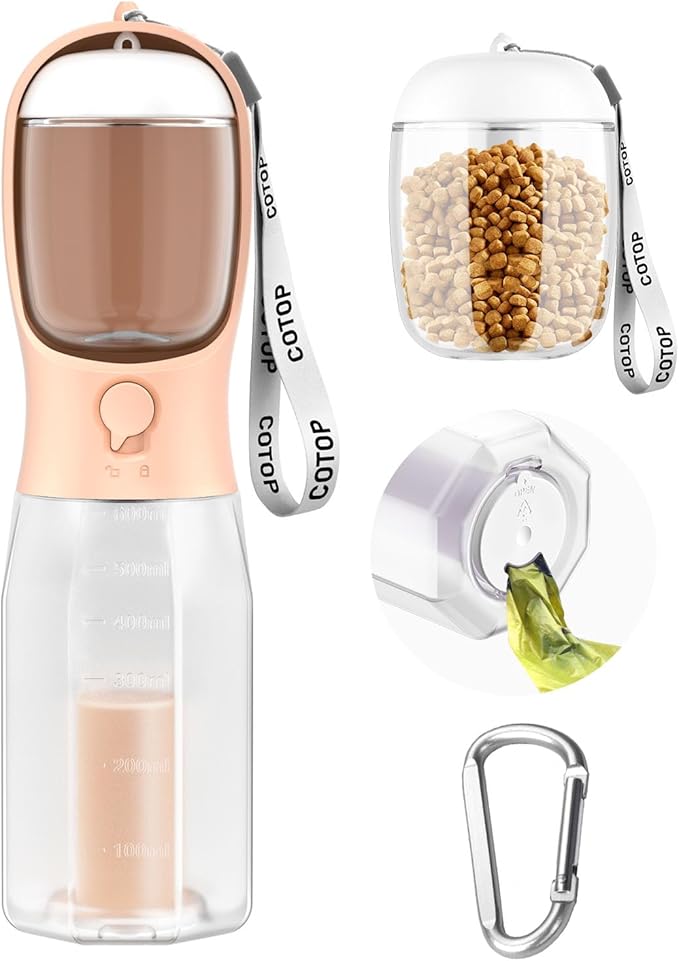 20oz Dog Water Bottle with Food Container & Poop Bag Dispenser | Leak-Proof Portable Pet Water Dispenser with Carabiner Clip | for Walking, Hiking, Travel (Peach, 20oz)