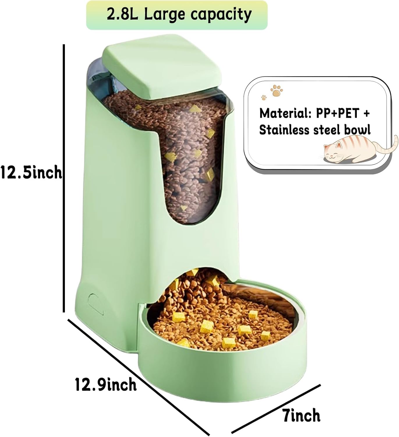 Hamiledyi Gravity Dog Feeder 2.8L Pets Automatic Food Dispenser with Stainless Steel Bowl for Puppy Cat Rabbit Large Capacity (Light Green)