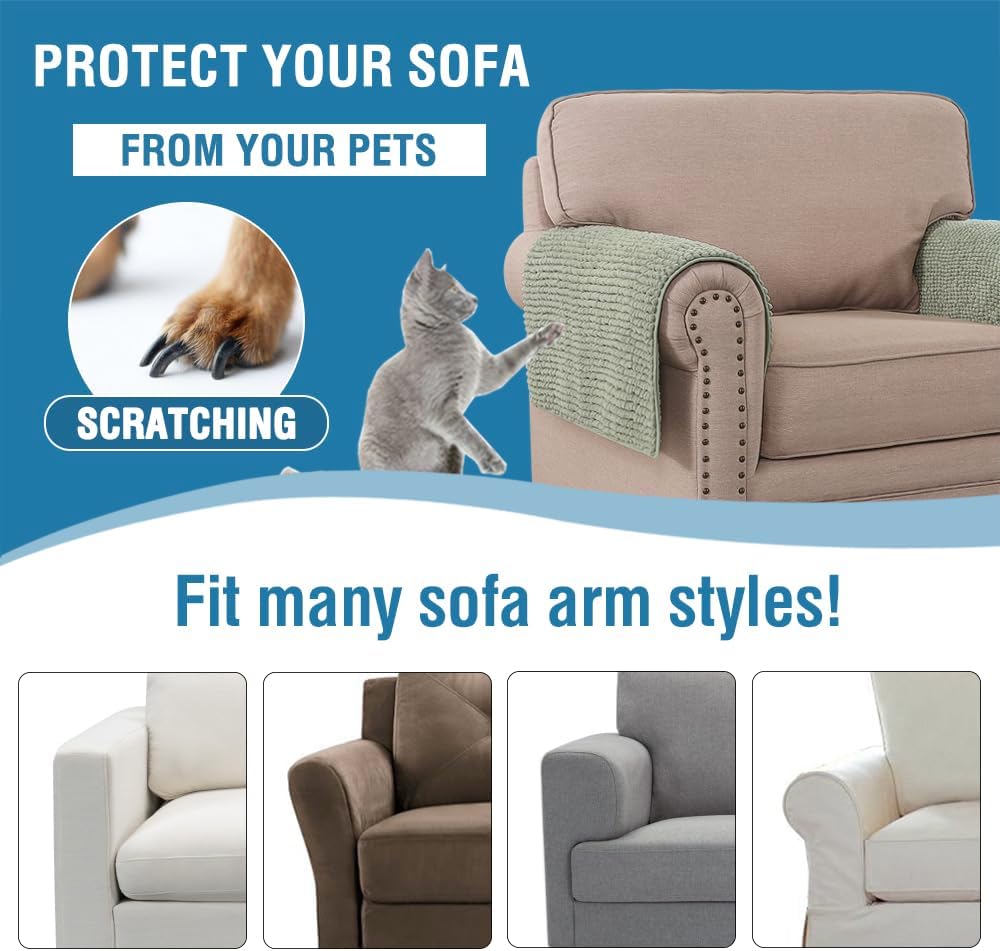 H.VERSAILTEX Plush Chenille Couch Armrest Cover 2 Packs Thick and Soft Sofa Covers Furniture Protector Cover for Pets (27.5" x 27.5", Sea Foam)